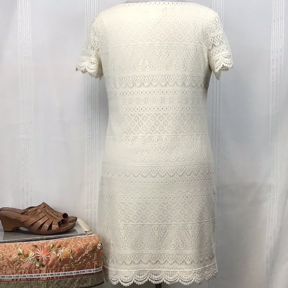 🤍 London Times Cream Lace Bateau Neckline Knee Length Sheath Dress Sz.14 - Picture 8 of 9